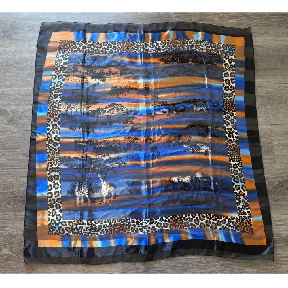 Safari Animal Print Scarf Giraffes Elephants Zebras Blue Orange Black Silk Feel‎